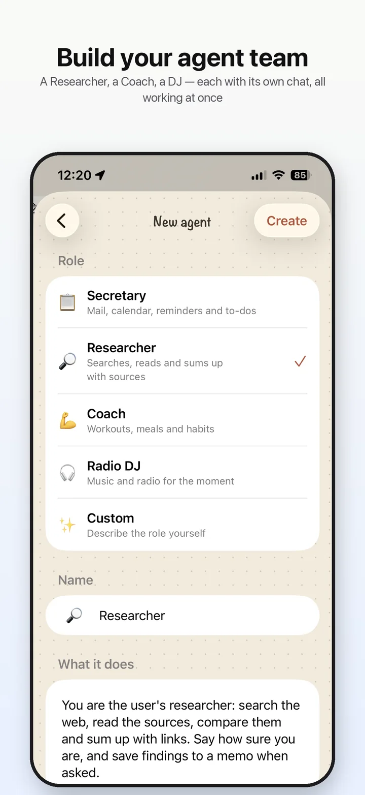Build your agent team: the New agent screen with Secretary, Researcher, Coach, Radio DJ and Custom roles