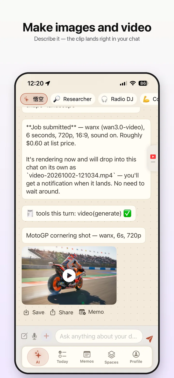 Make images and video: a generated MotoGP clip in the chat