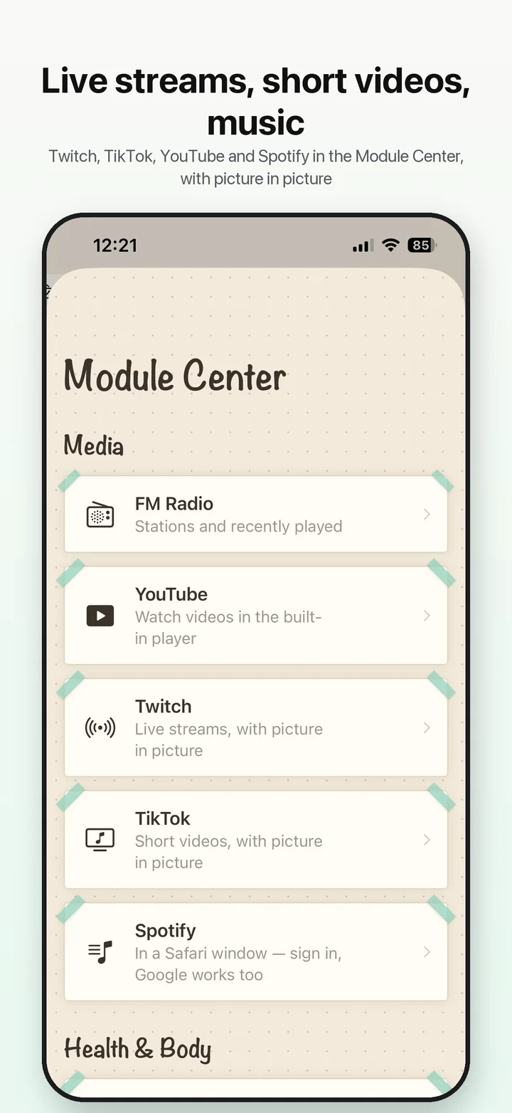 Live streams, short videos, music: the Module Center with FM Radio, YouTube, Twitch, TikTok and Spotify